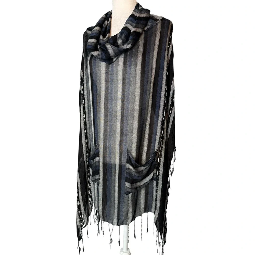 Free People One Size Cowl Neck Western Fringe‎ Boho Poncho Distressed Tattered